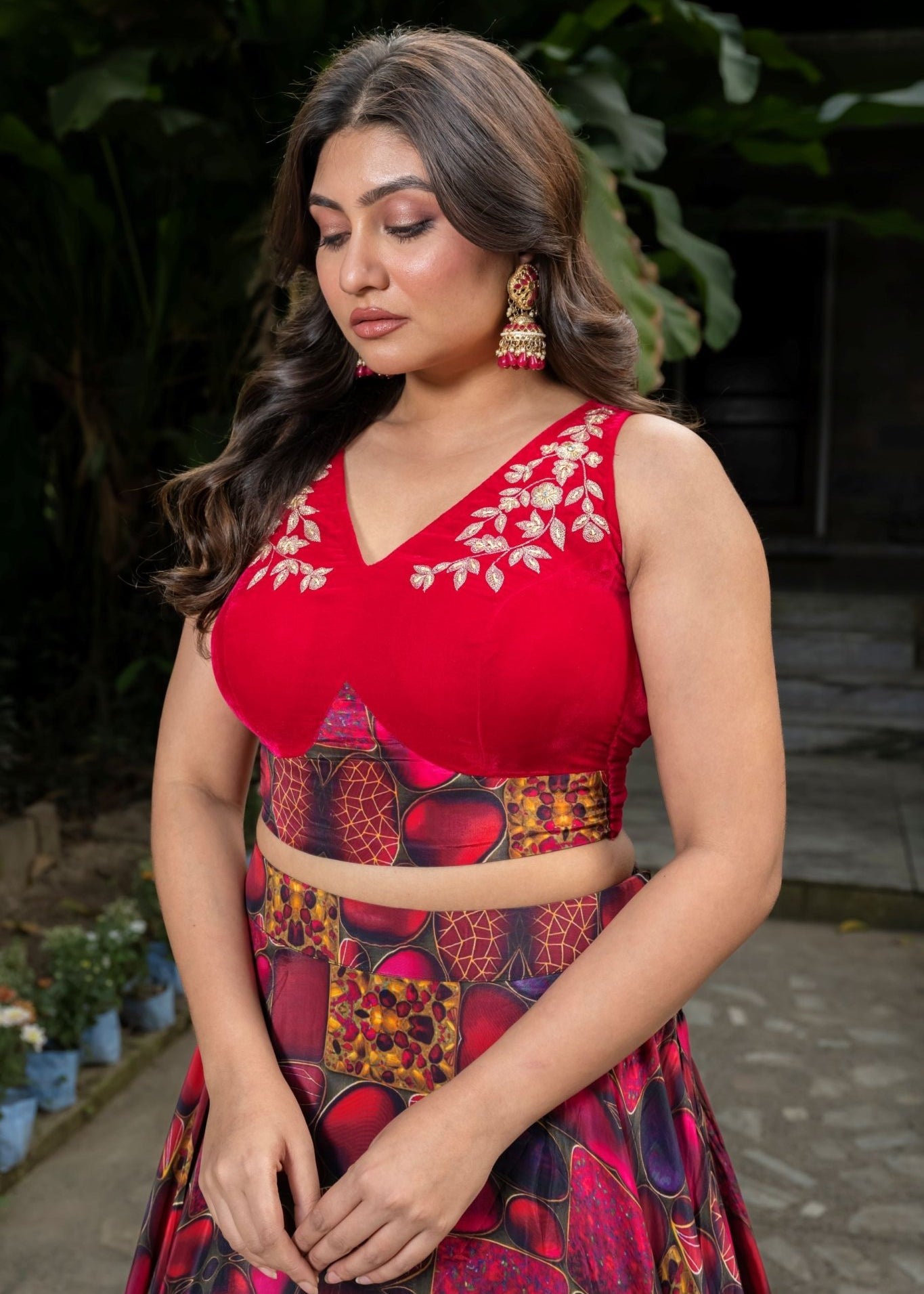 Pink Designer Lehenga Set with Hand Embroidered Velvet Top - Anvi Couture