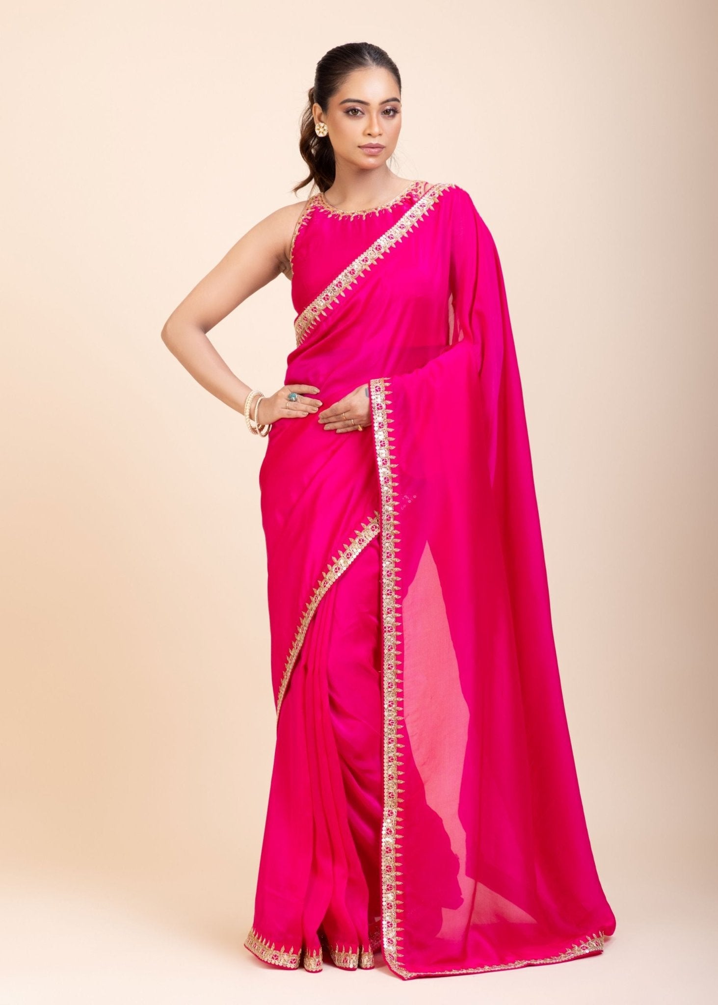 Pink Designer Organza Saree With Embroidered Lace - Anvi Couture