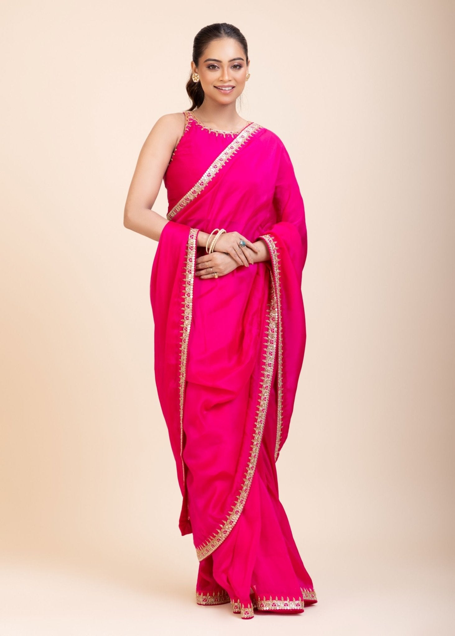 Pink Designer Organza Saree With Embroidered Lace - Anvi Couture