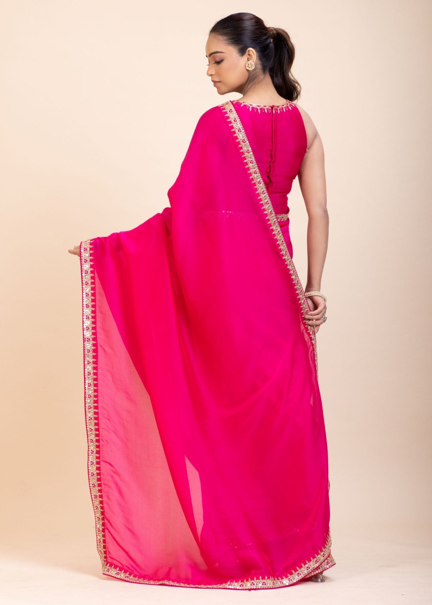 Pink Designer Organza Saree With Embroidered Lace - Anvi Couture