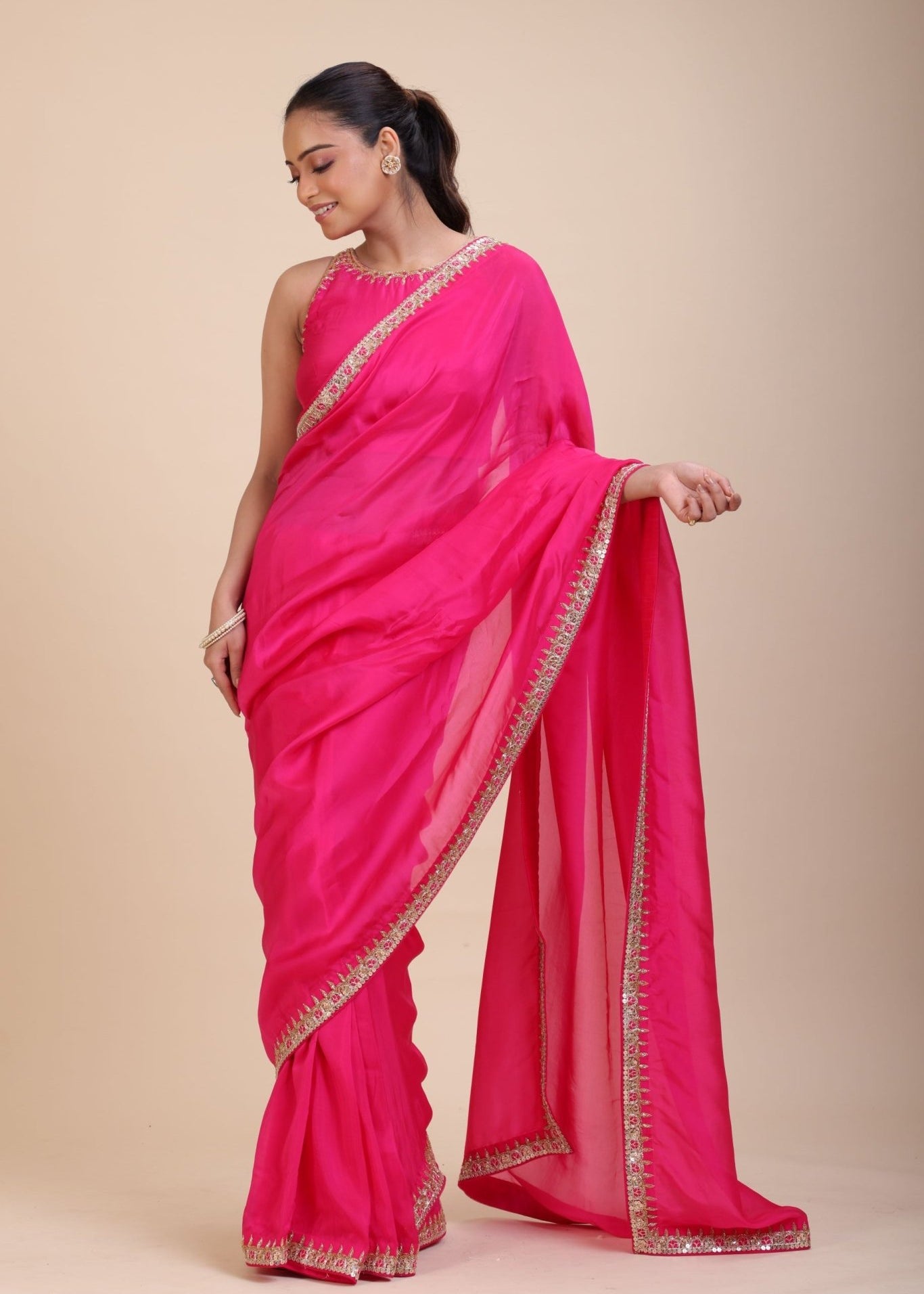 Pink Designer Organza Saree With Embroidered Lace - Side
