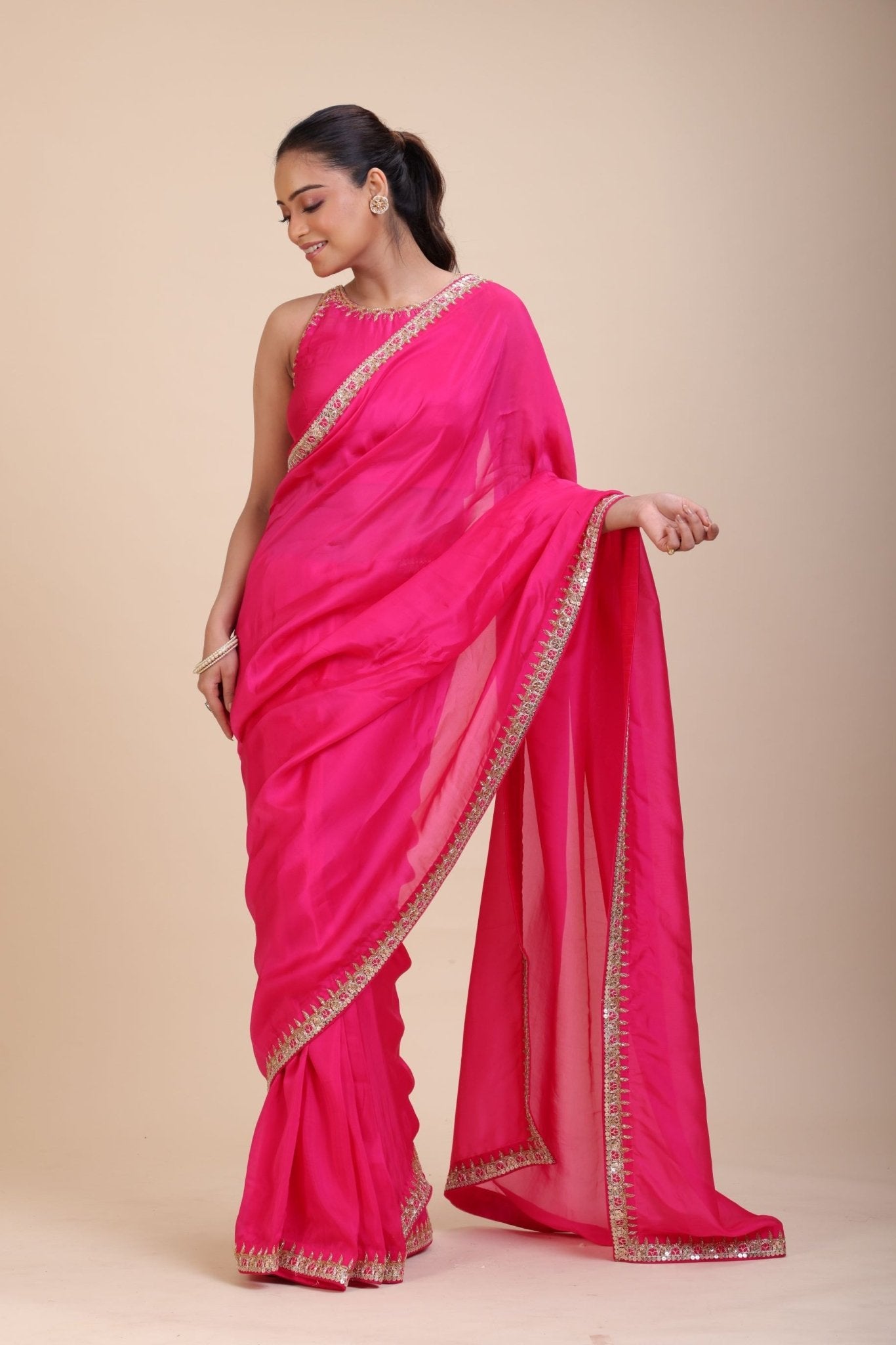 Pink Designer Organza Saree With Embroidered Lace - Side