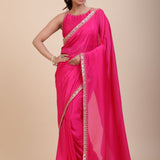 Pink Designer Organza Saree With Embroidered Lace - Anvi Couture