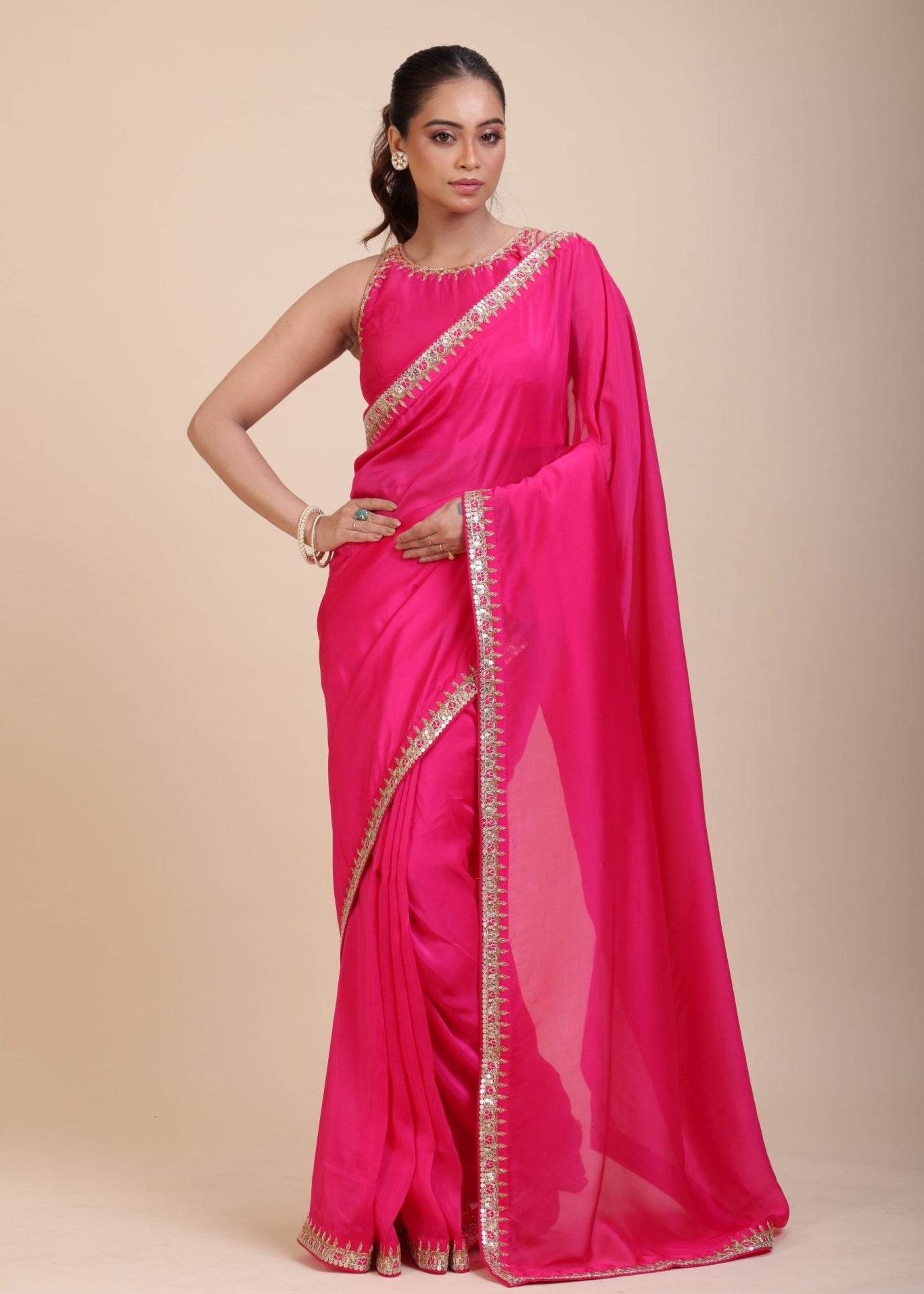 Pink Designer Organza Saree With Embroidered Lace - Anvi Couture
