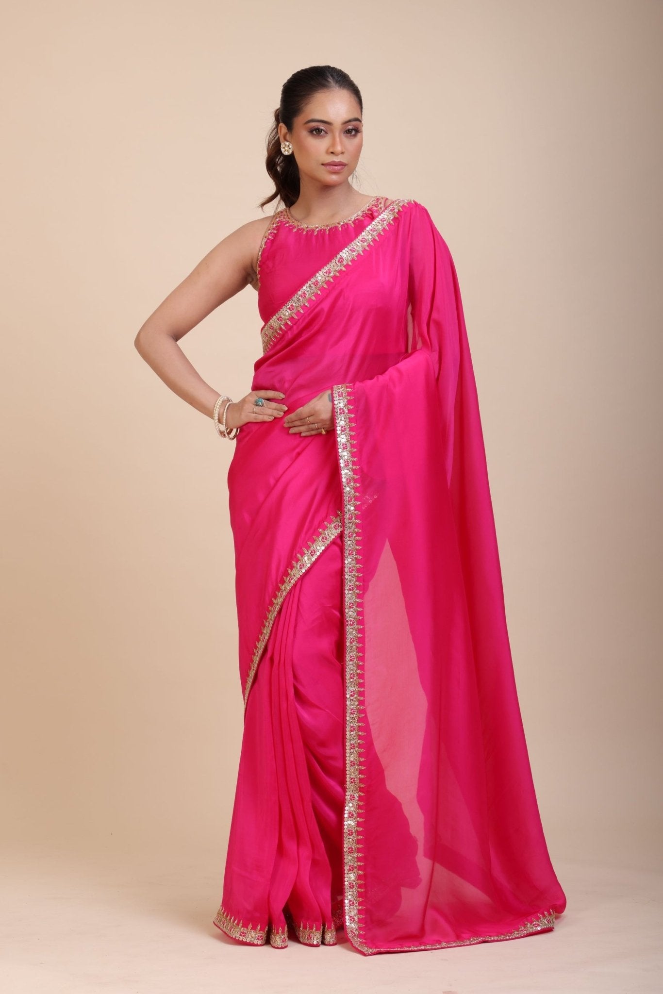 Pink Designer Organza Saree With Embroidered Lace - Anvi Couture