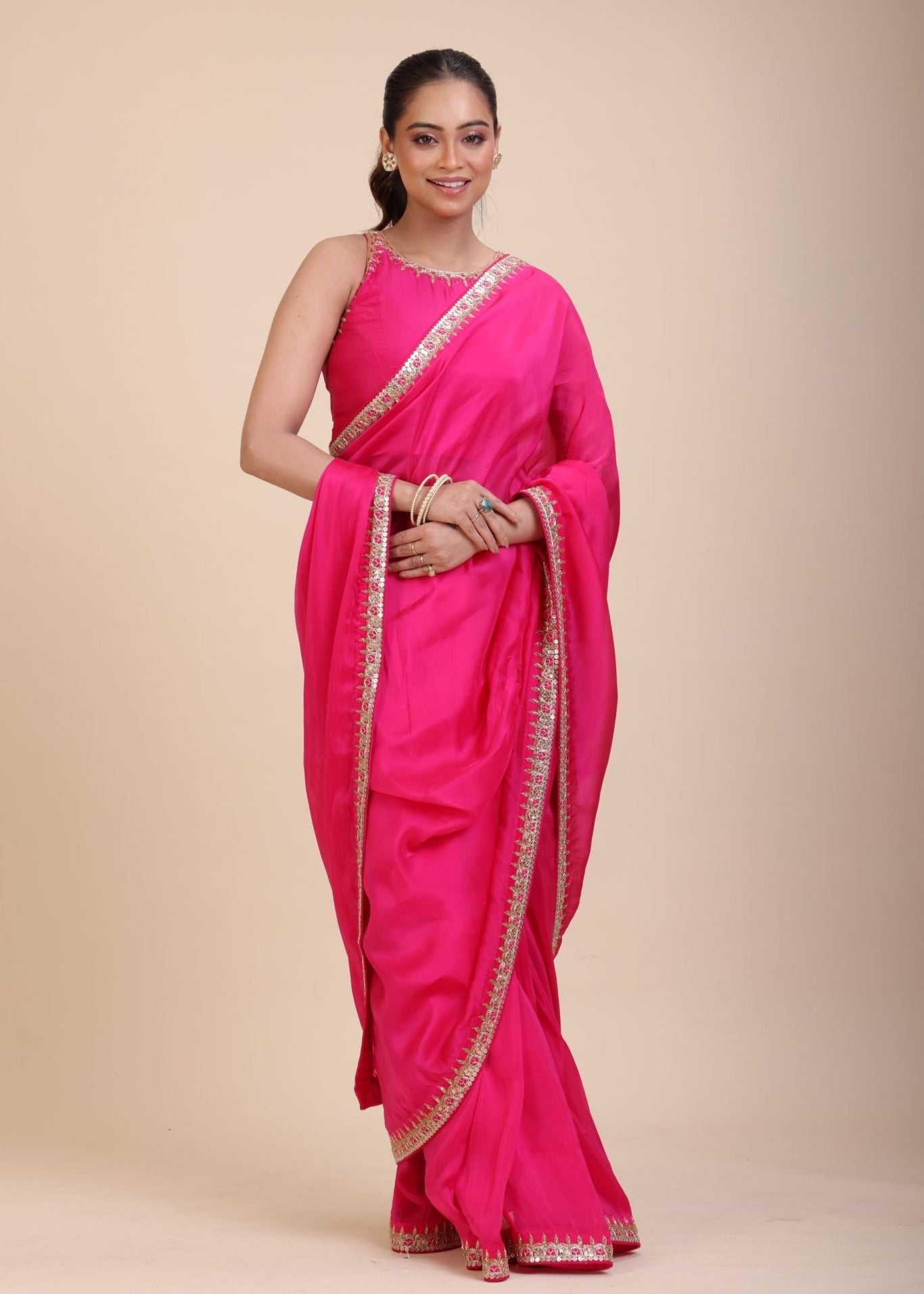 Pink Designer Organza Saree With Embroidered Lace - Anvi Couture
