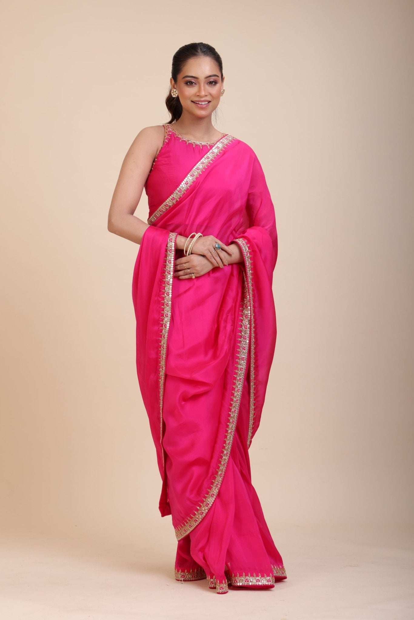 Pink Designer Organza Saree With Embroidered Lace - Anvi Couture