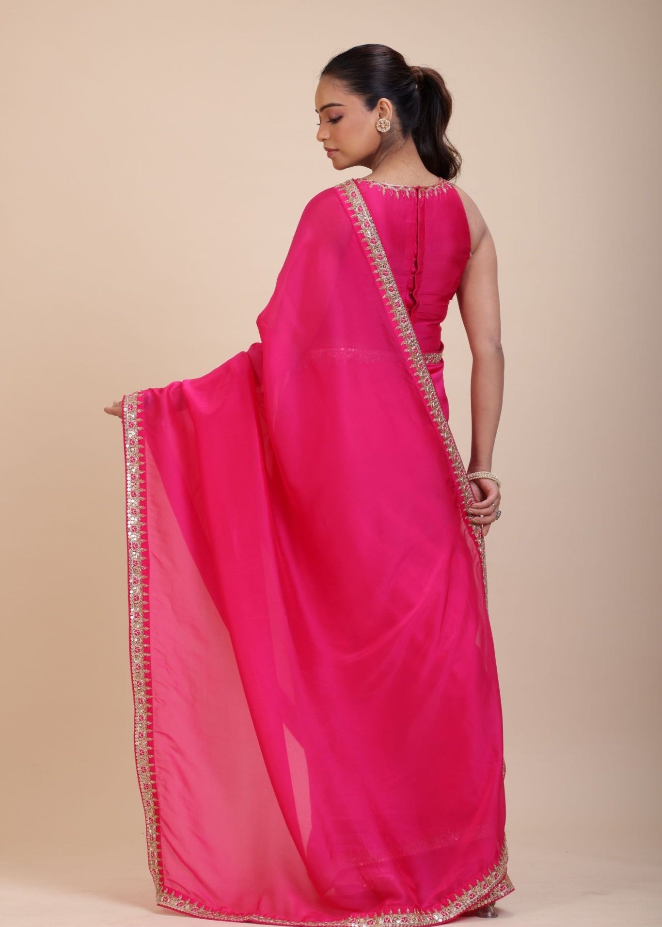 Pink Designer Organza Saree With Embroidered Lace - Anvi Couture