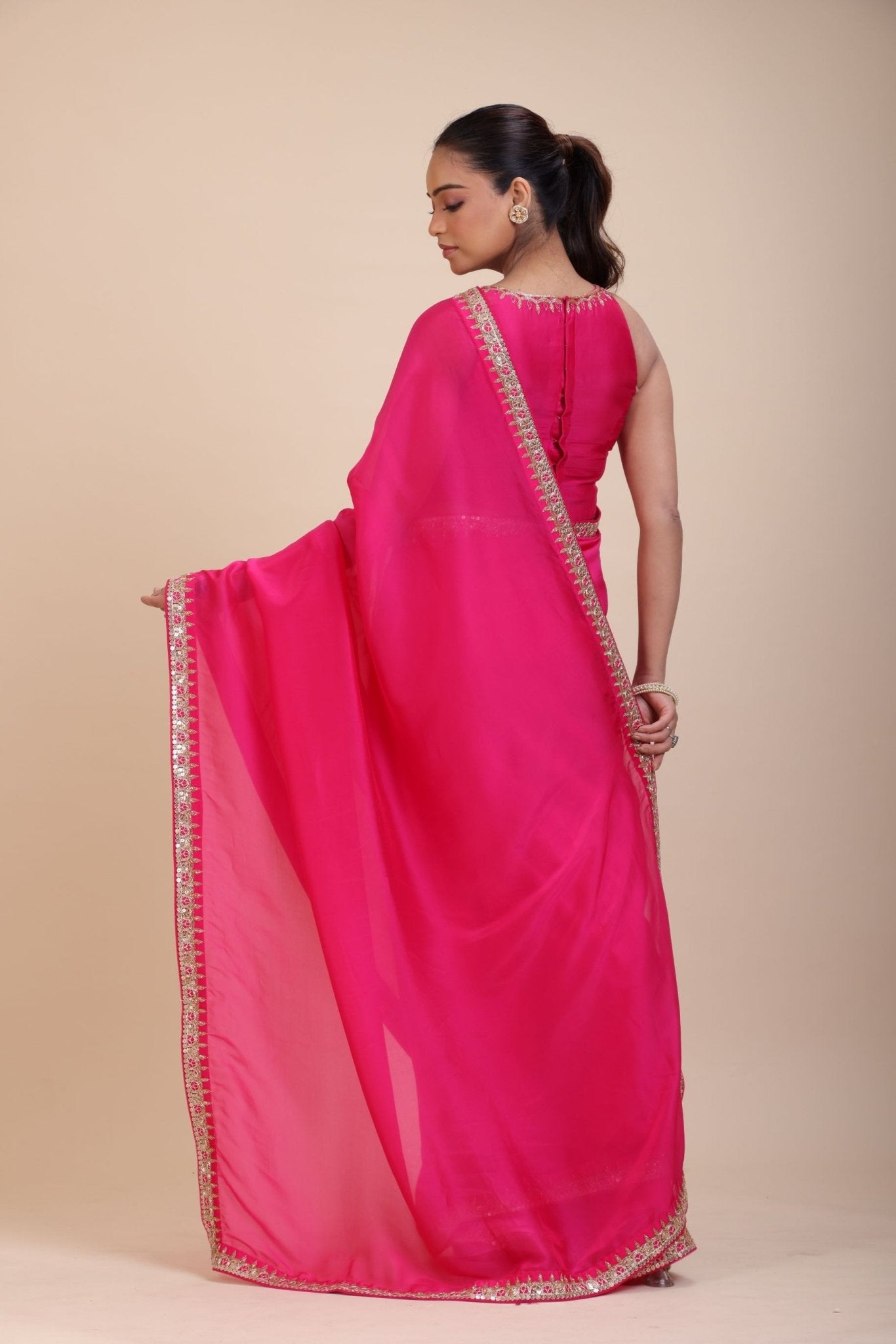 Pink Designer Organza Saree With Embroidered Lace - Anvi Couture