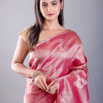 Pink Dola silk saree — drape view showing golden floral weave pattern and full pallu