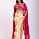 Pink Draped Skirt And Crop Top Set With Long Jacket with Hand embroidered top  full