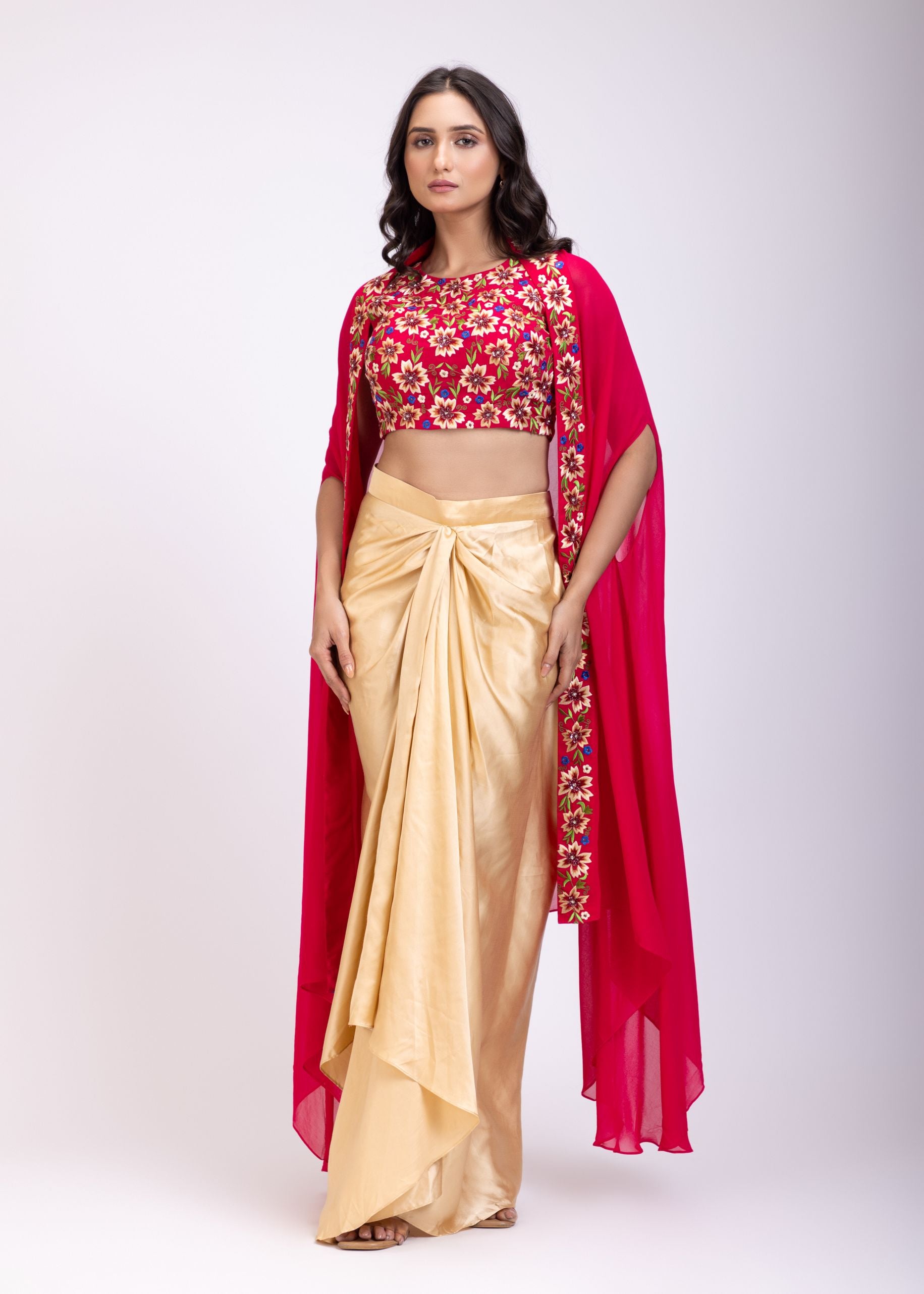 Pink Draped Skirt And Crop Top Set With Long Jacket with Hand embroidered top  full