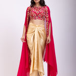 Pink Draped Skirt And Crop Top Set With Long Jacket with Hand embroidered top front