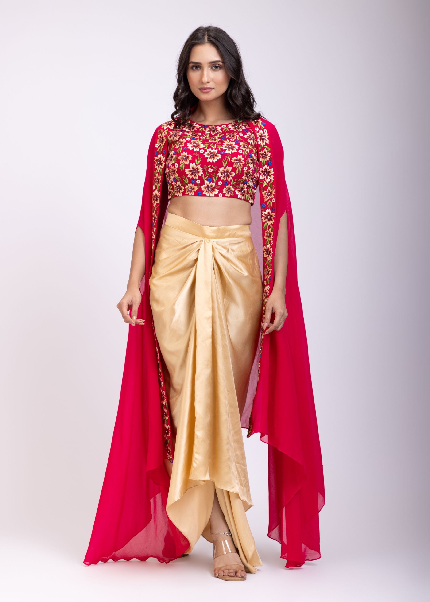 Pink Draped Skirt And Crop Top Set With Long Jacket with Hand embroidered top front