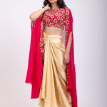 Pink Draped Skirt And Crop Top Set With Long Jacket with Hand embroidered top side