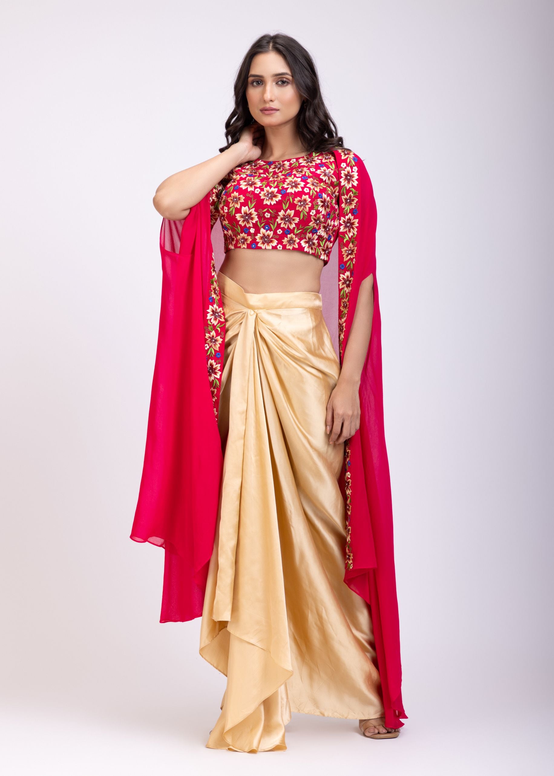 Pink Draped Skirt And Crop Top Set With Long Jacket with Hand embroidered top side