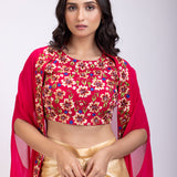 Pink Draped Skirt And Crop Top Set With Long Jacket with Hand embroidered top close up 