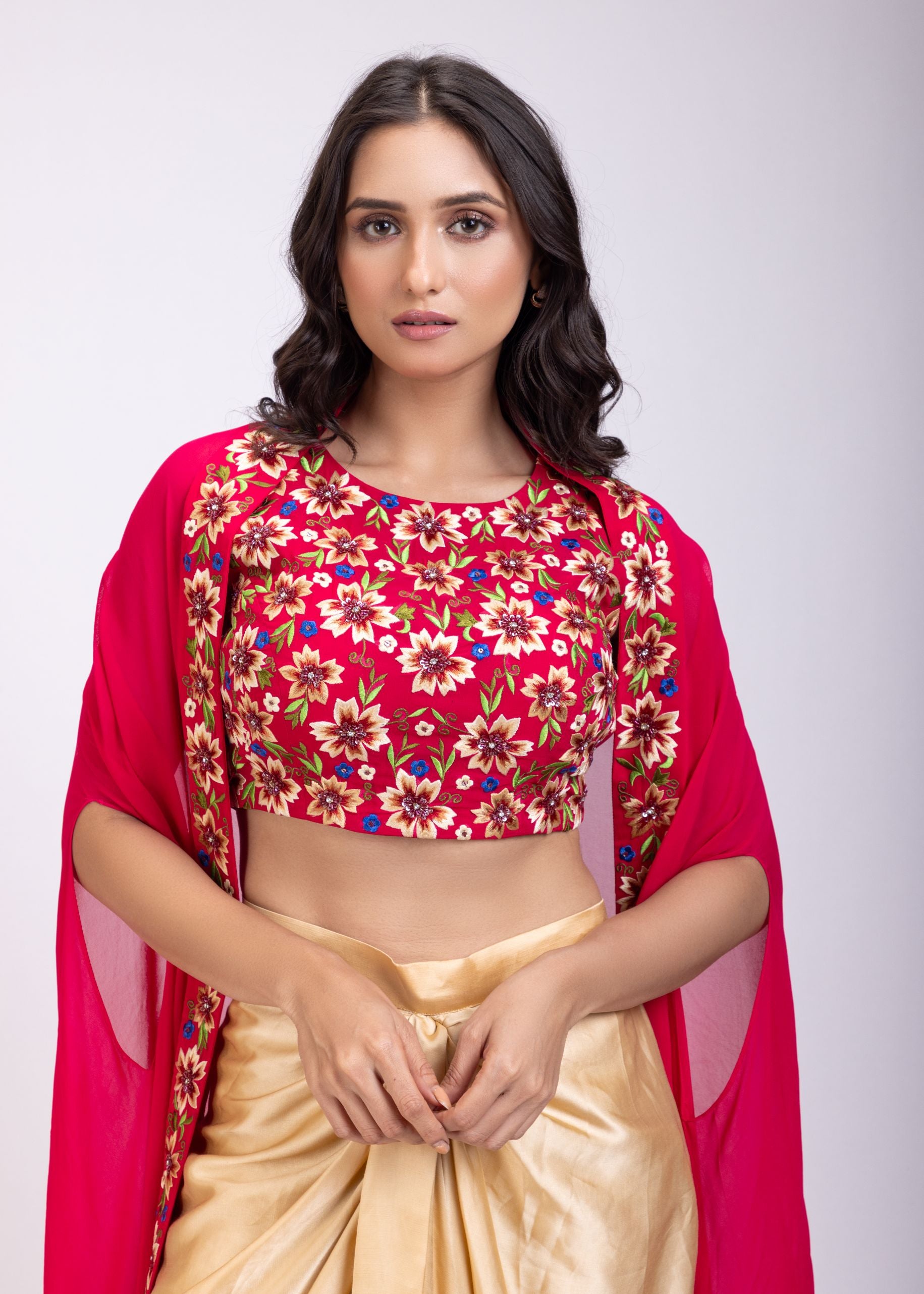 Pink Draped Skirt And Crop Top Set With Long Jacket with Hand embroidered top close up 