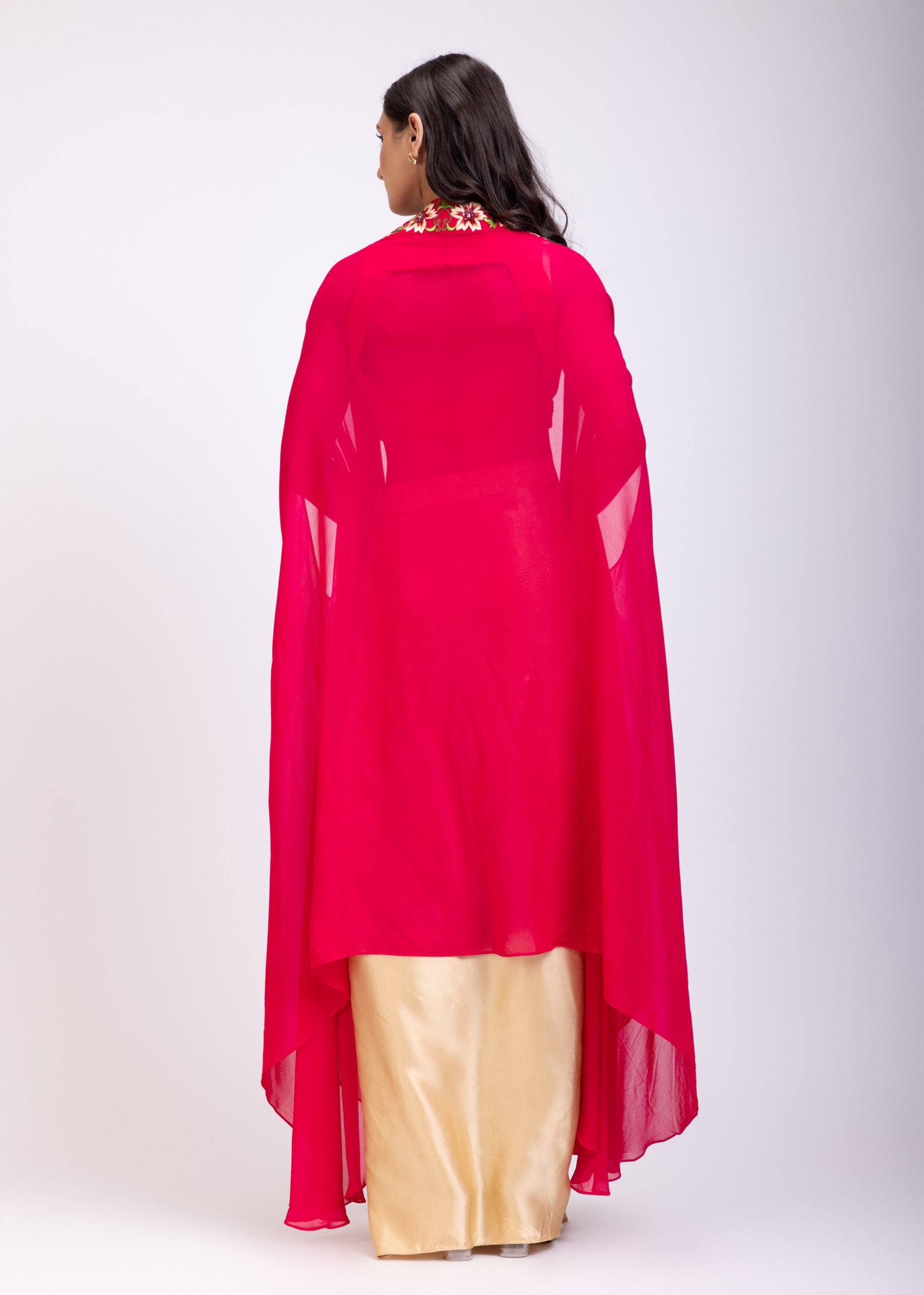 Pink Draped Skirt And Crop Top Set With Long Jacket with Hand embroidered top back