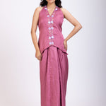 Pink Embroidered Crop Top Drape Skirt Set full