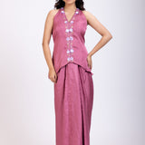 Pink Embroidered Crop Top Drape Skirt Set full