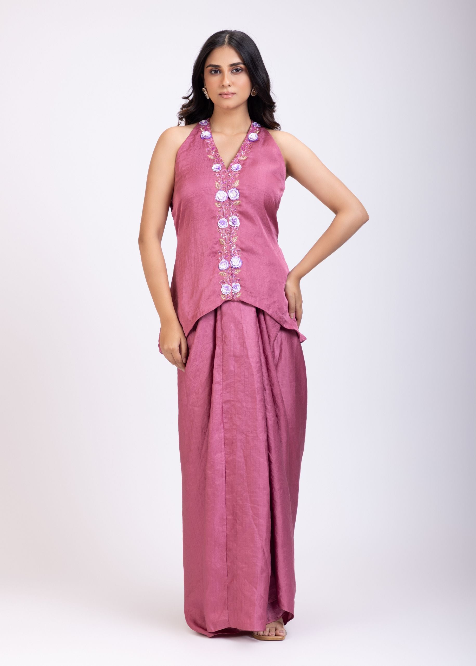 Pink Embroidered Crop Top Drape Skirt Set full