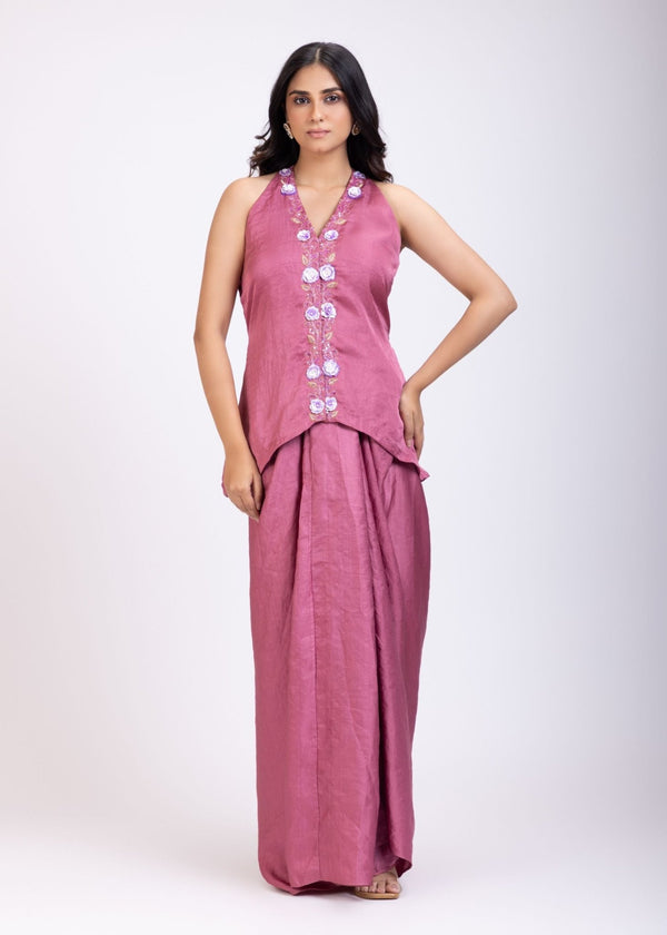 Pink Embroidered Crop Top Drape Skirt Set - Anvi Couture