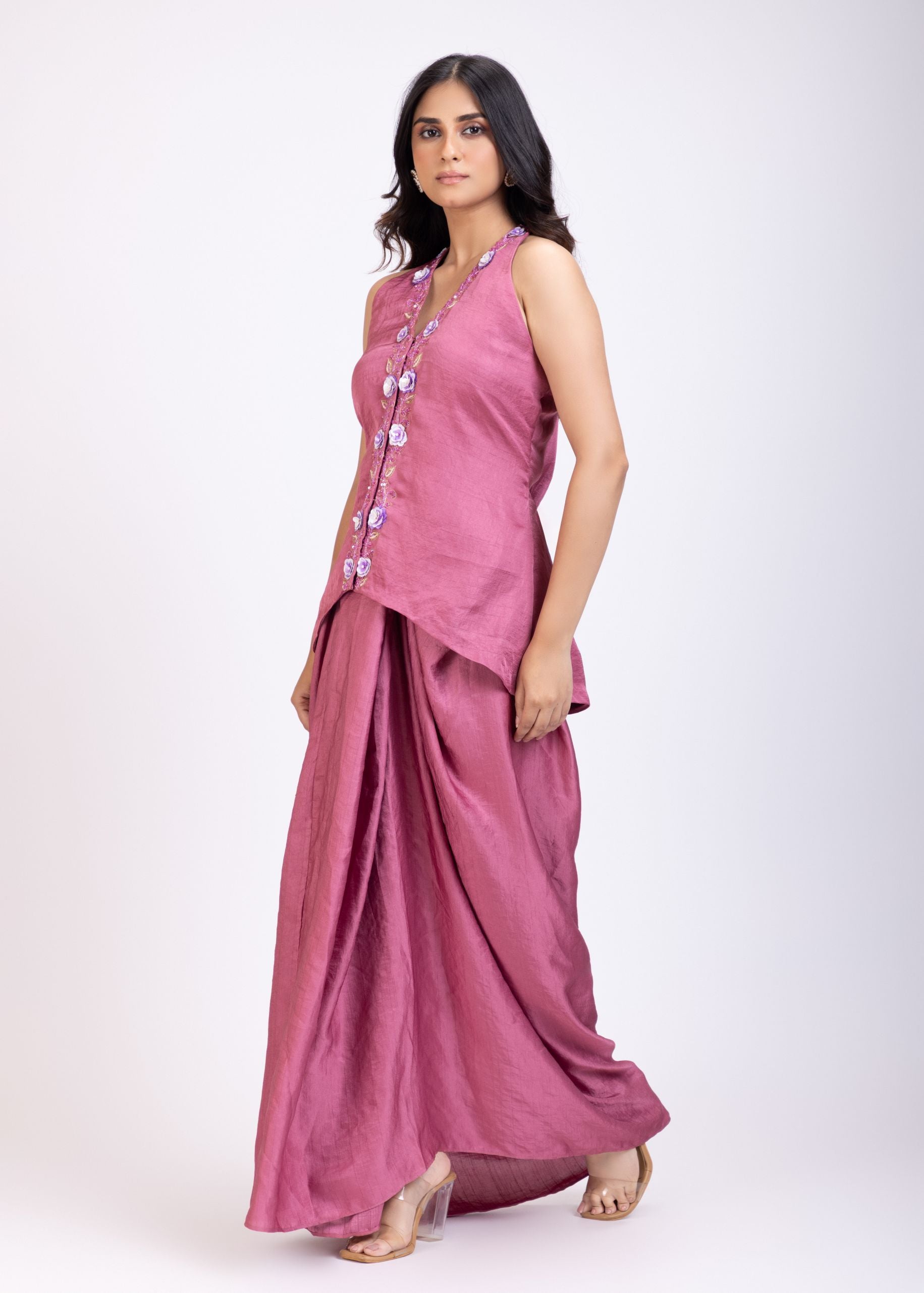 Pink Embroidered Crop Top Drape Skirt Set side