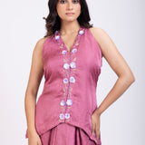 Pink Embroidered Crop Top Drape Skirt Set close up