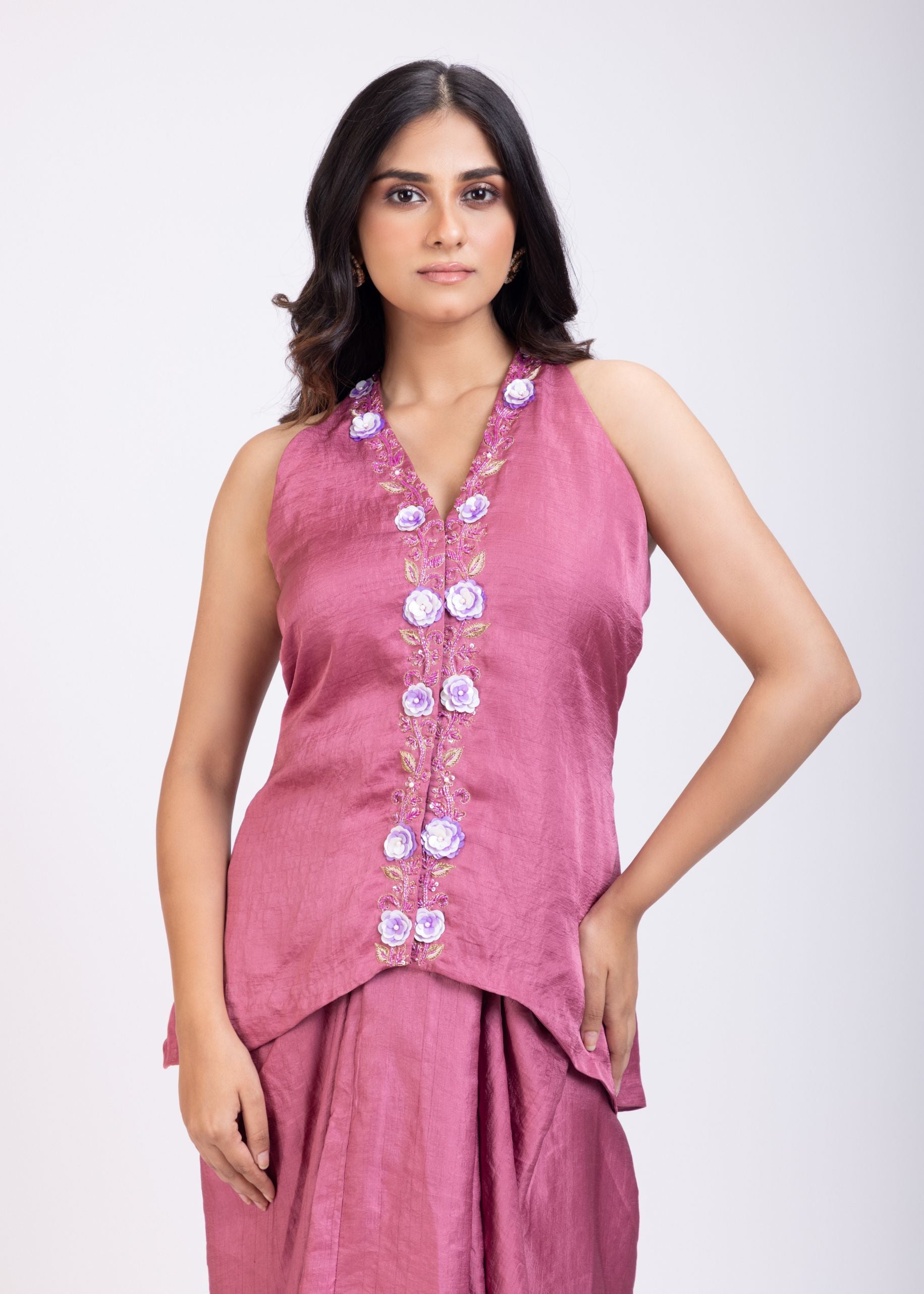 Pink Embroidered Crop Top Drape Skirt Set close up
