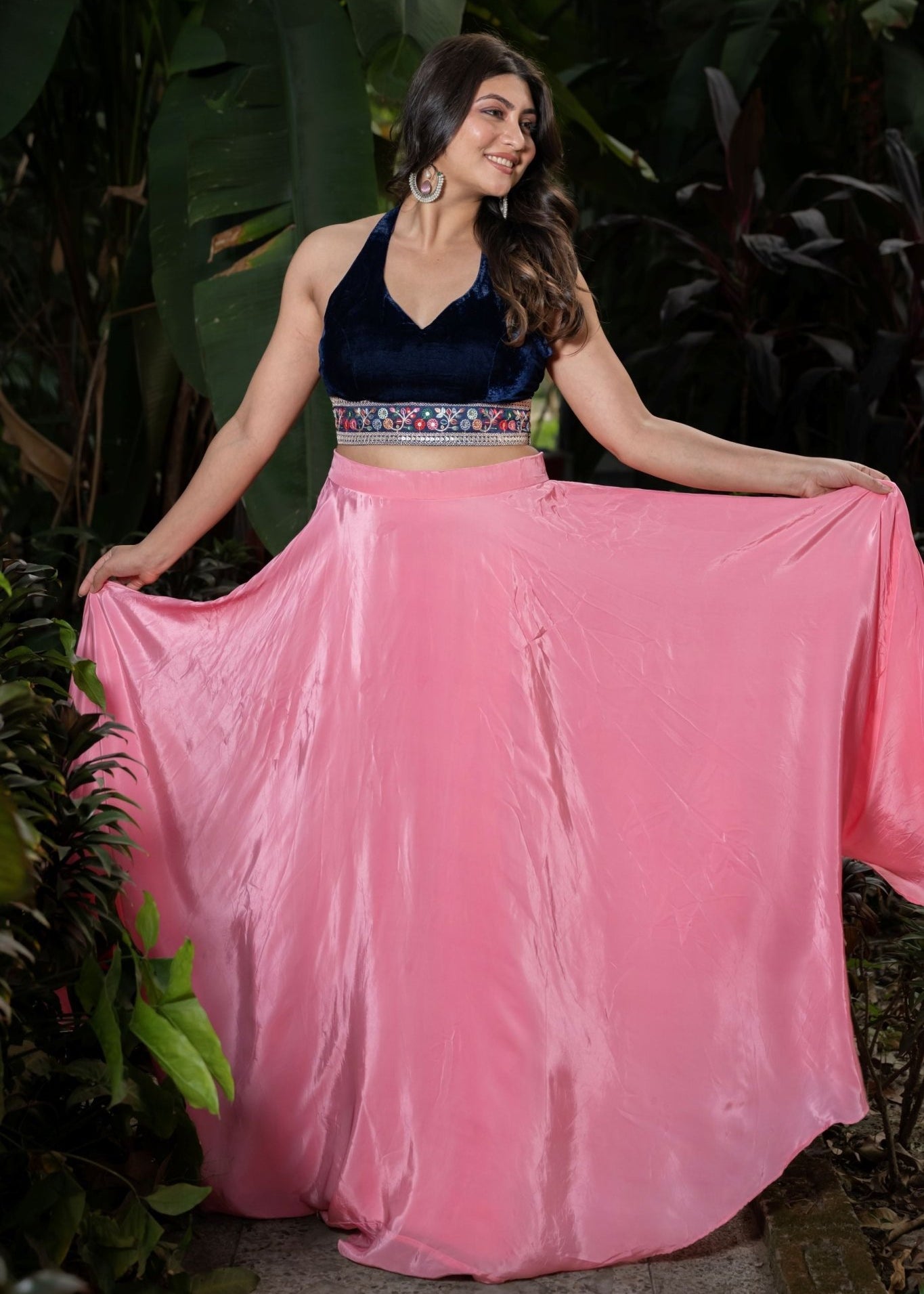 Pink Lehenga Set With Blue Velvet Embroidered Top - Anvi Couture
