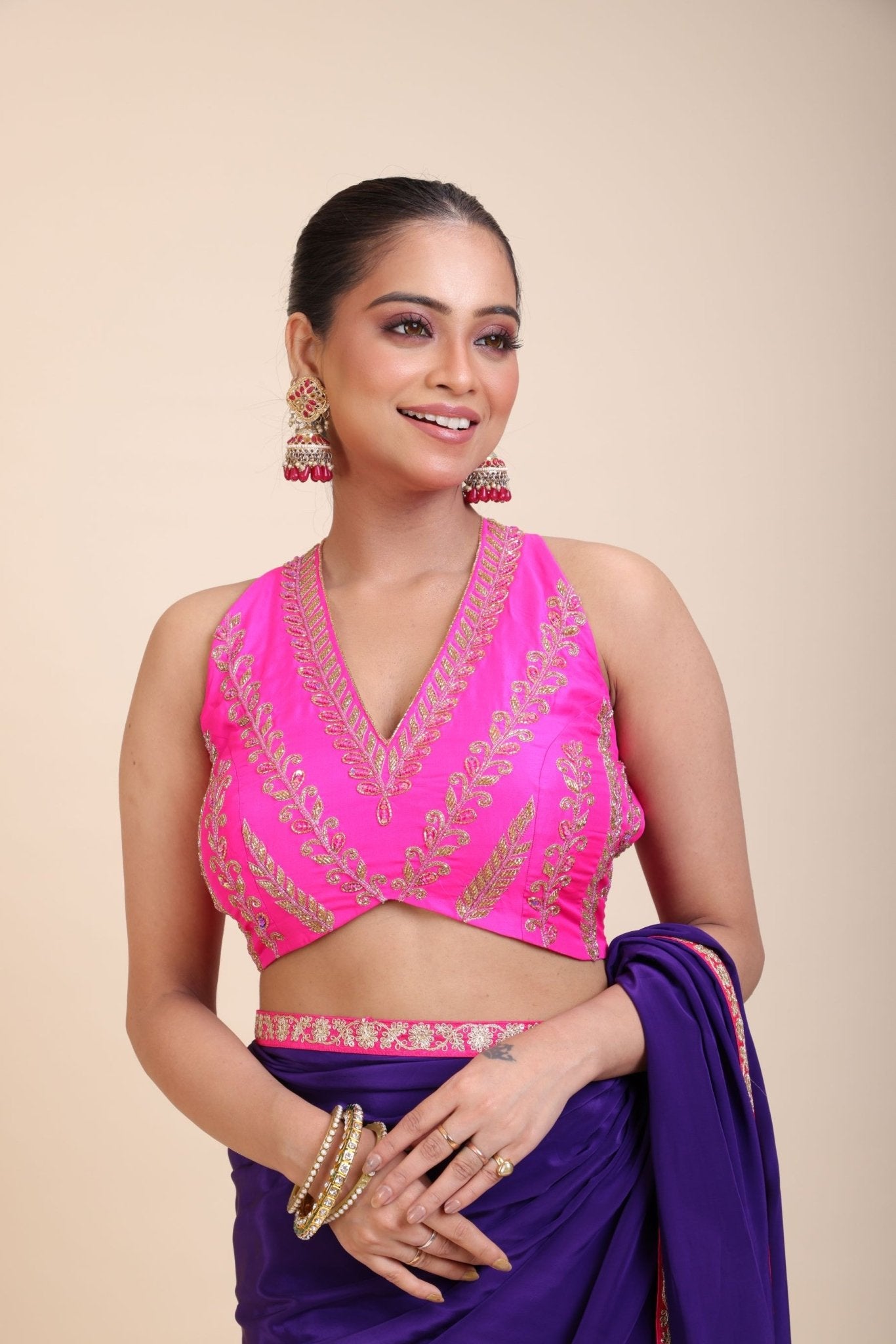 Pink Embroidered Raw Silk Sleeveless Blouse - Anvi Couture
