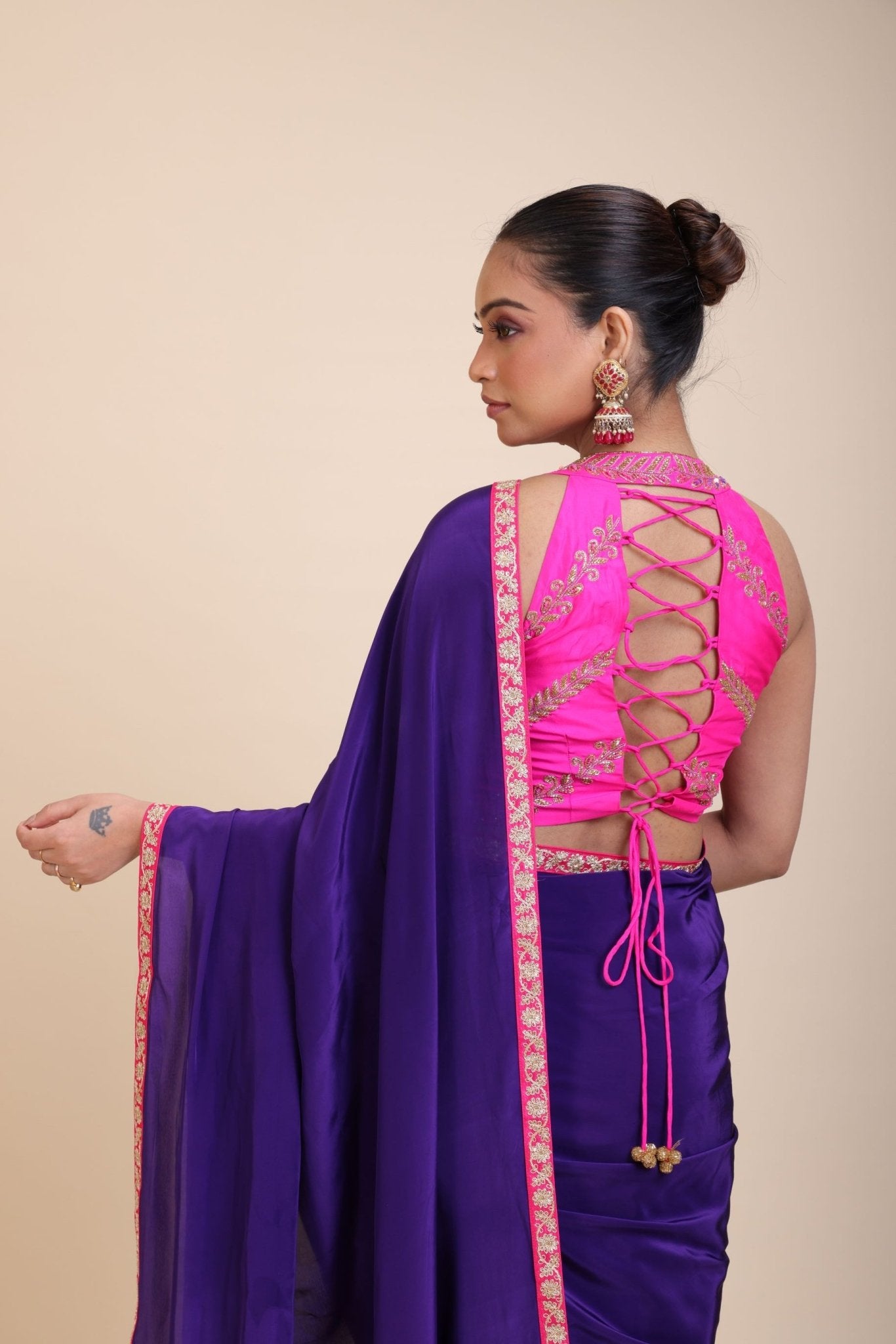 Pink Embroidered Raw Silk Sleeveless Blouse - Anvi Couture