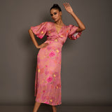 Pink Floral Midi Dress In Satin Silk Full
