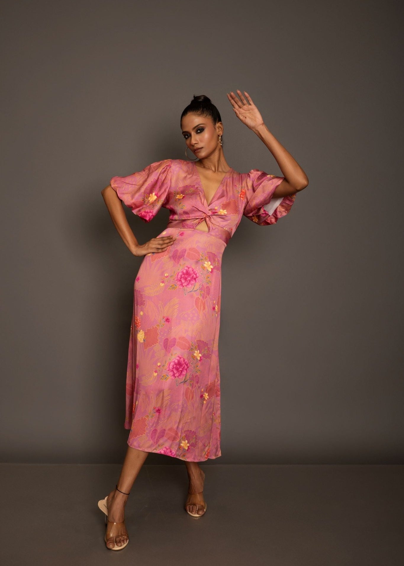 Pink Floral Midi Dress In Satin Silk - Anvi Couture