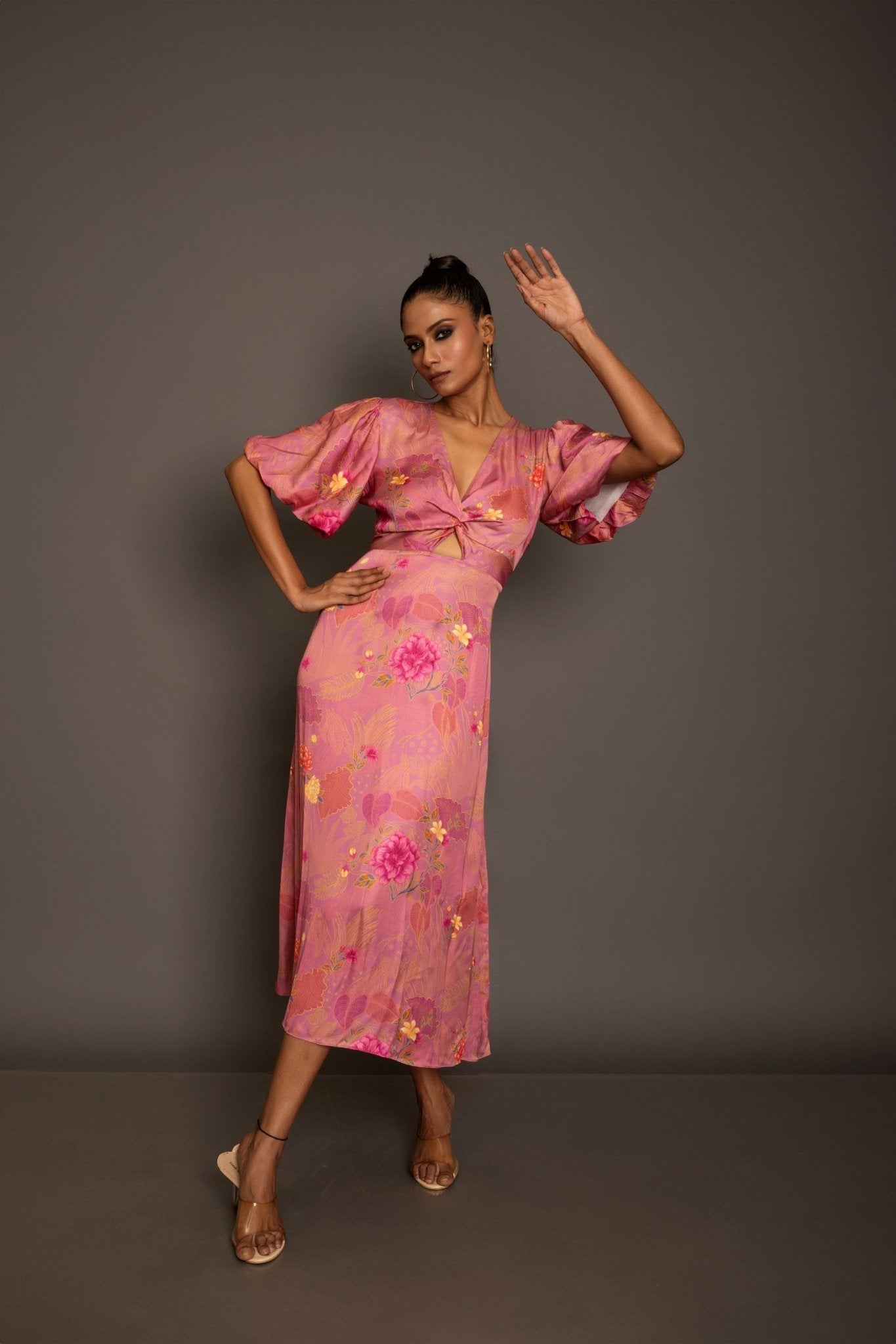 Pink Floral Midi Dress In Satin Silk - Anvi Couture - Image 1