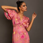 Pink Floral Midi Dress In Satin Silk Front
