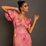 Pink Floral Midi Dress In Satin Silk Front
