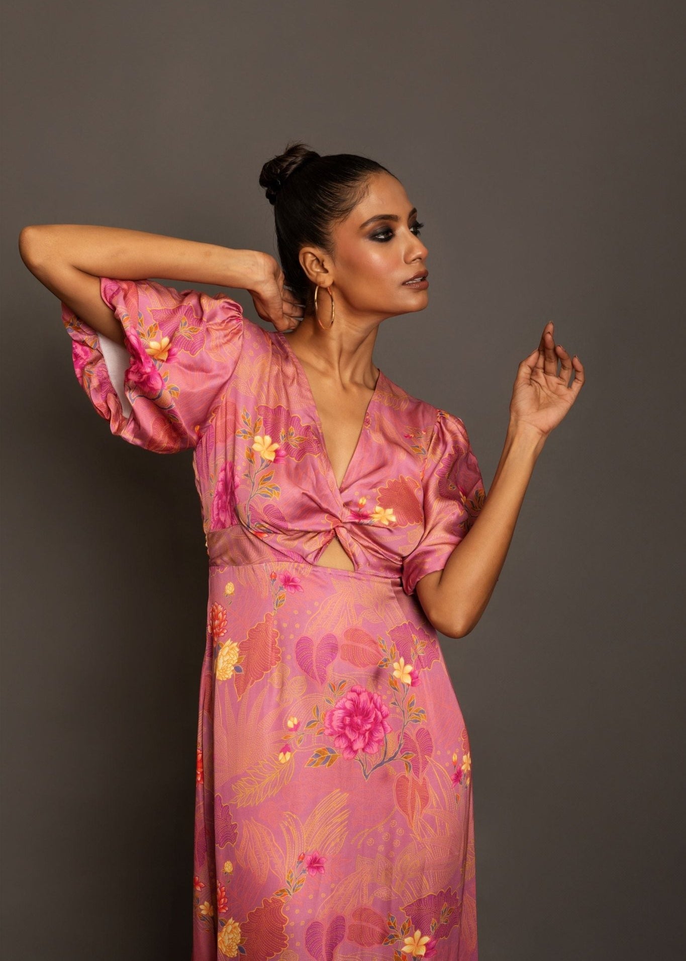 Pink Floral Midi Dress In Satin Silk - Anvi Couture