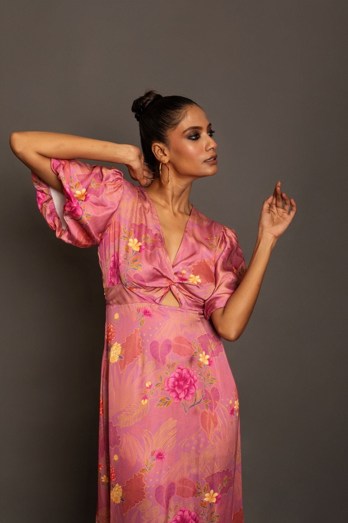 Pink Floral Midi Dress In Satin Silk - Anvi Couture - Image 2