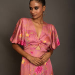 Pink Floral Midi Dress In Satin Silk Close Up
