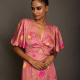 Pink Floral Midi Dress In Satin Silk Close Up

