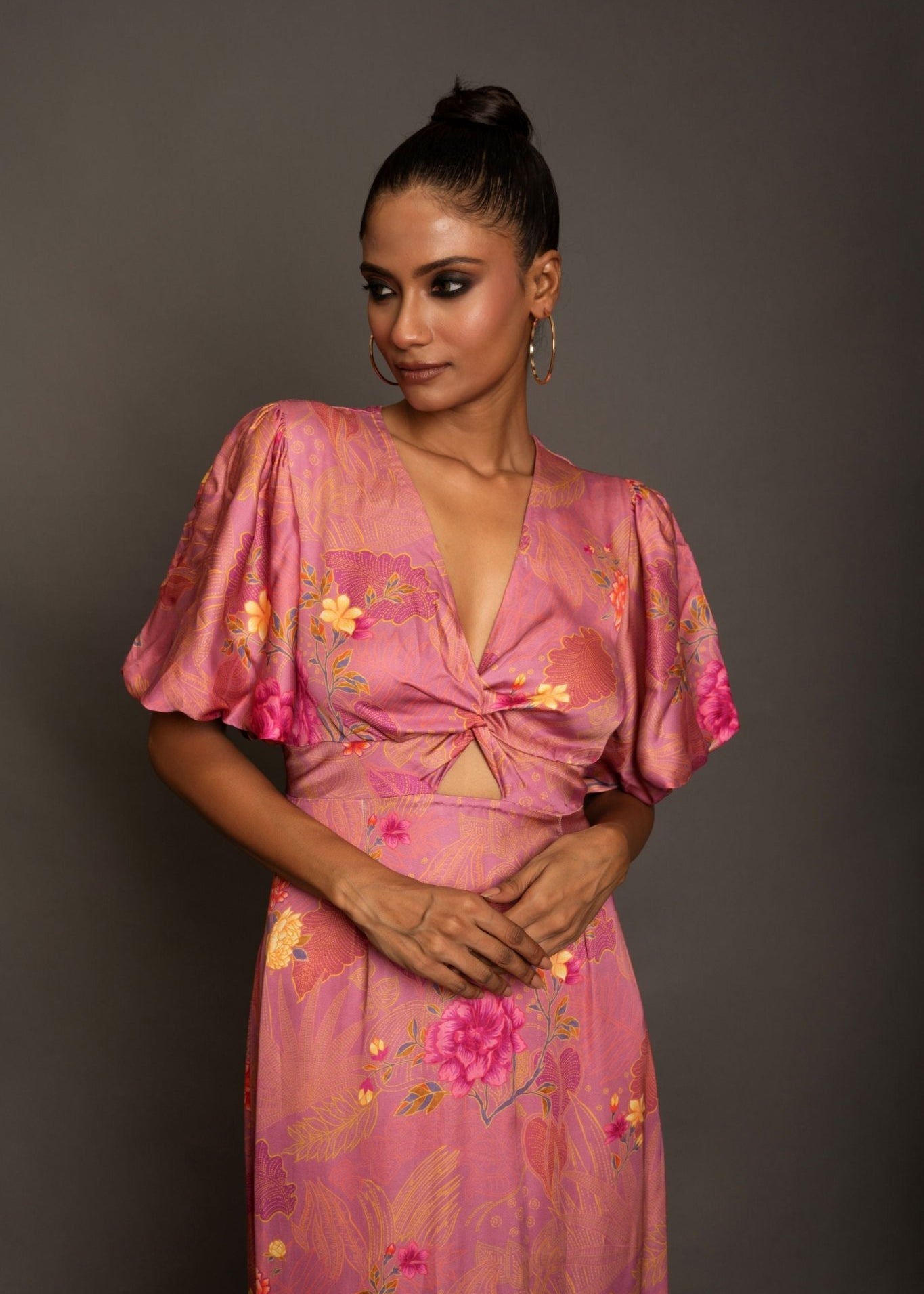 Pink Floral Midi Dress In Satin Silk - Anvi Couture