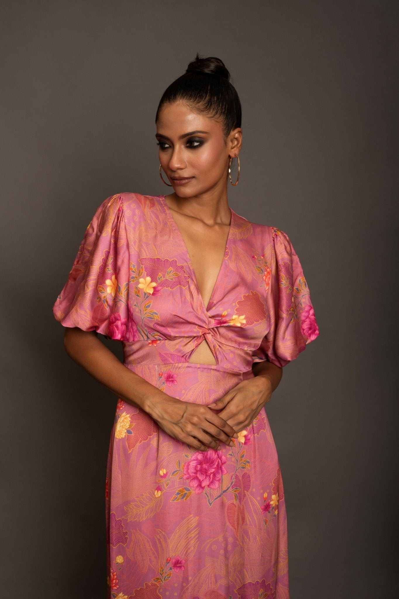 Pink Floral Midi Dress In Satin Silk - Anvi Couture - Image 3
