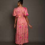 Pink Floral Midi Dress In Satin Silk Back
