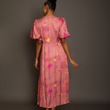 Pink Floral Midi Dress In Satin Silk Back
