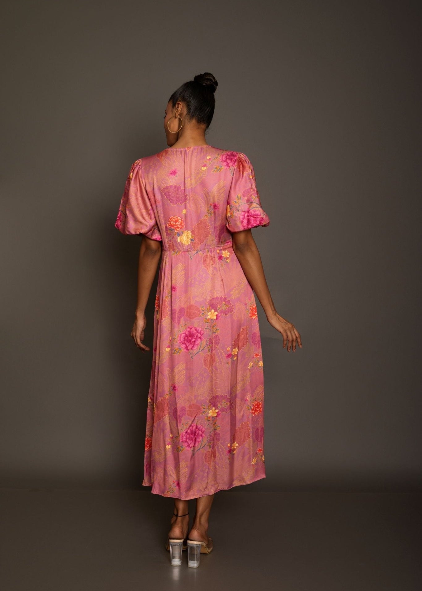 Pink Floral Midi Dress In Satin Silk - Anvi Couture