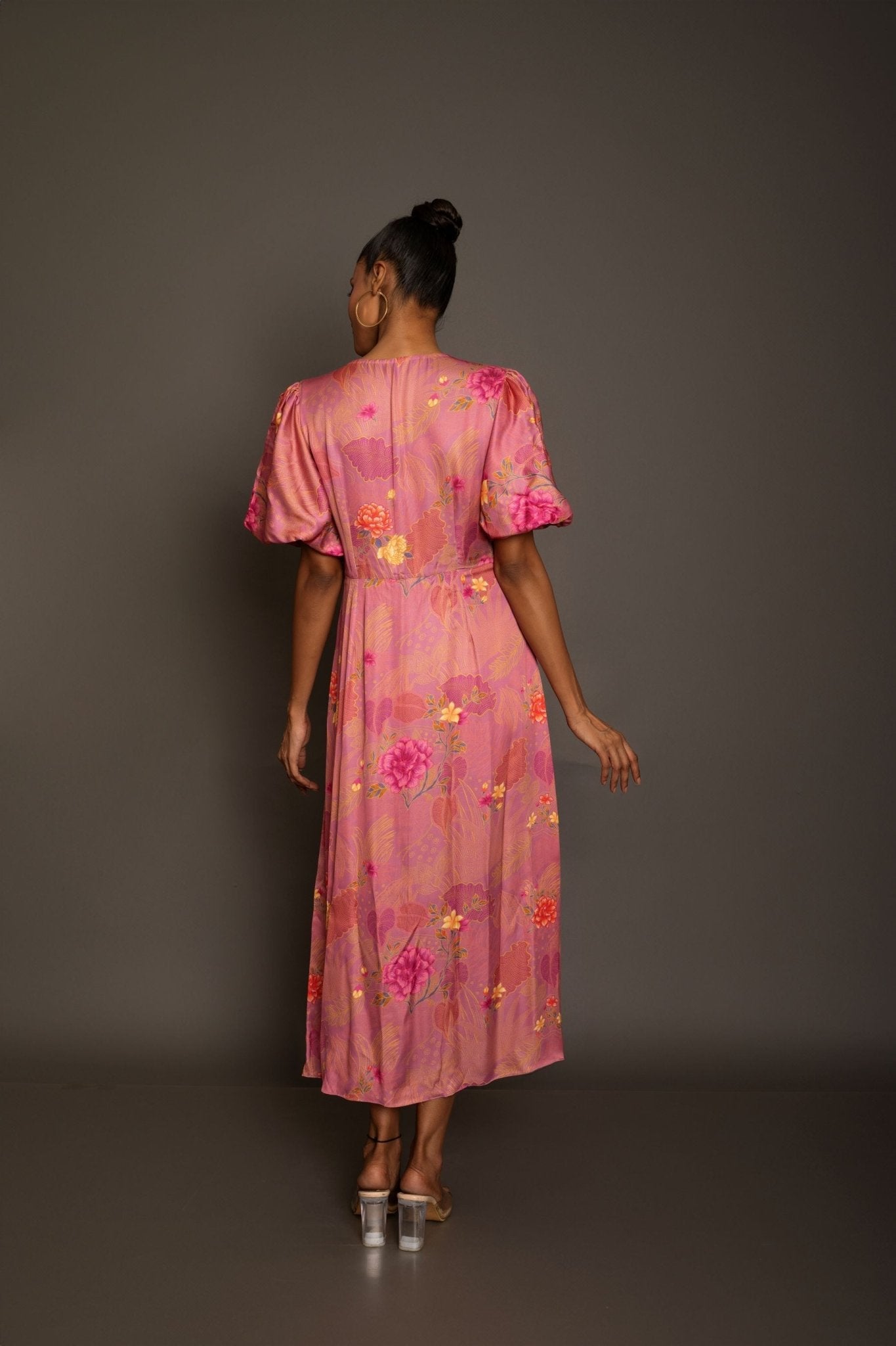 Pink Floral Midi Dress In Satin Silk - Anvi Couture - Image 4
