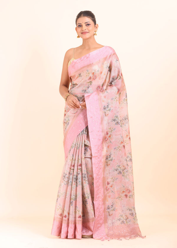 Pink Floral Printed Kota Silk Saree full