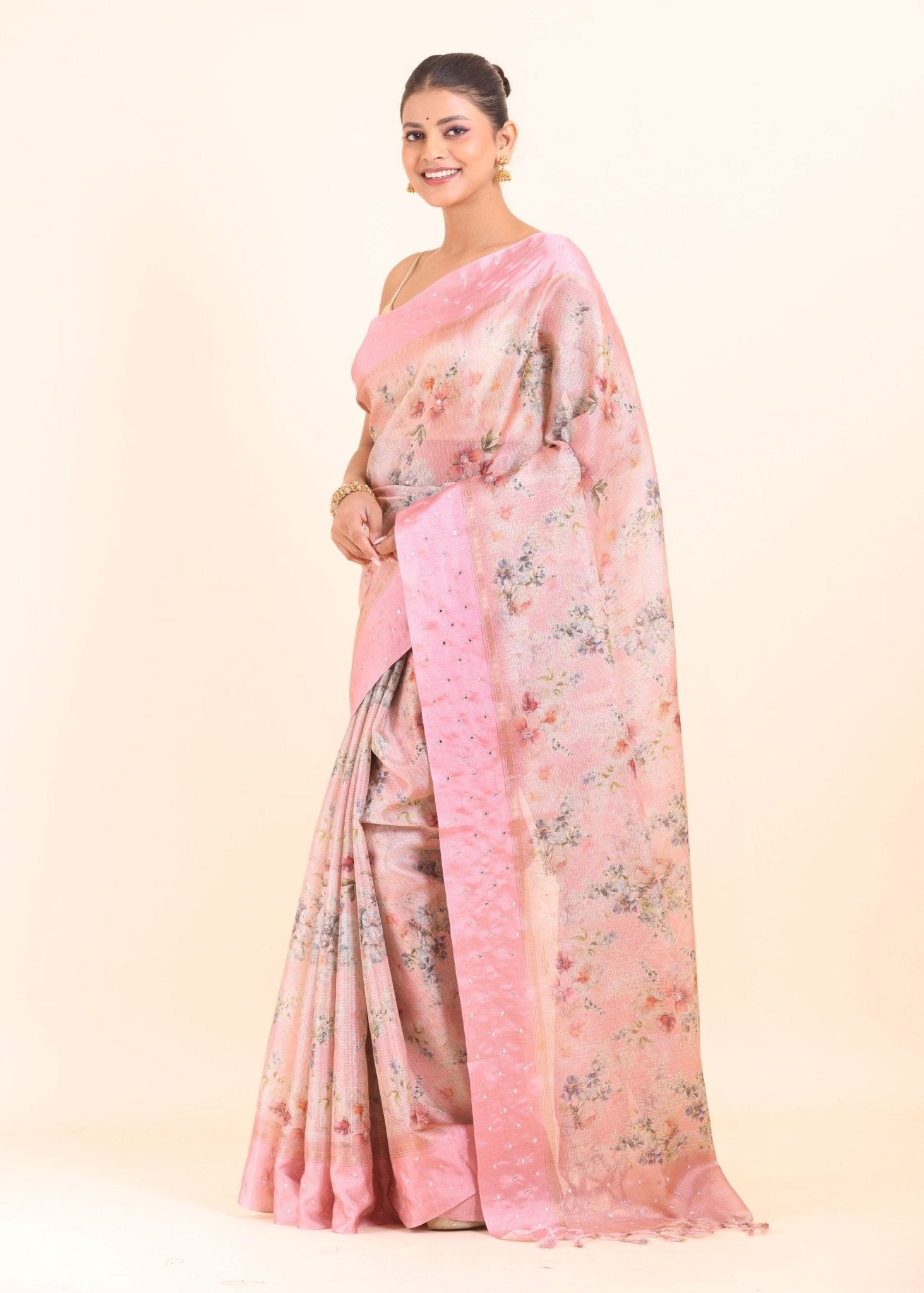Pink Floral Printed Kota Silk Saree - Anvi Couture